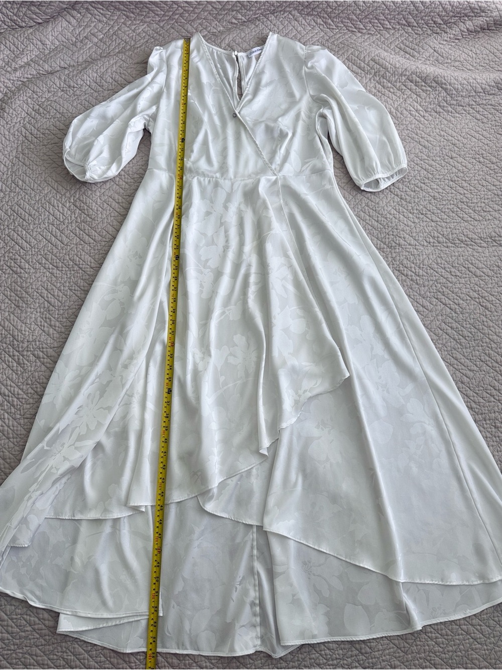 Calvin Klein White Wrap High-Low Floral Jacquard Dress Asymmetrical Lightweight - Picture 3 of 14